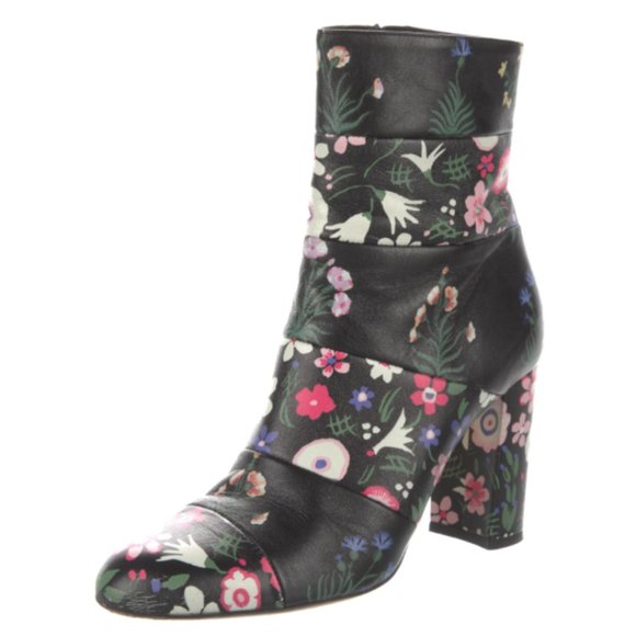 Valentino Leather Ankle Boots Floral-Print Paneled Bootie Zip Closure Block Heel
